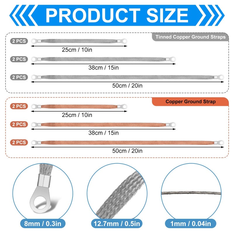 Yaocom 12 قطعة من الأشرطة الأرضية العالمية للسيارات من Yaocom، طقم حزام أرضي للمحرك 10/15/20 بوصة مع أطراف حلقية، أشرطة كابل تأريض للمحرك النحاسي المضفر لمعظم السيارات - Image 2